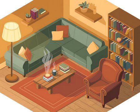 Isometric living room with green sectional sofa armchair and bookshelf in warm tones interior illustration