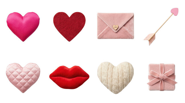 Collection of romantic love themed items isolated on transparent background