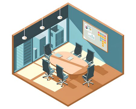 Isometric view of a contemporary meeting room with a wooden table, chairs, and a whiteboard conference room