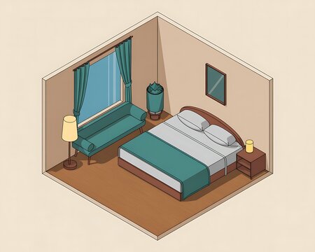 Isometric view of a cozy bedroom with a bed, sofa, window, and lamp on a light beige background Keywords: isometric, bedroom, interior, room, furniture, bed, sofa, window, curtains, lamp