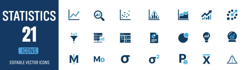 Obraz premium A comprehensive professional vector icon set featuring twenty one essential statistics and data analysis symbols for modern business and digital reports