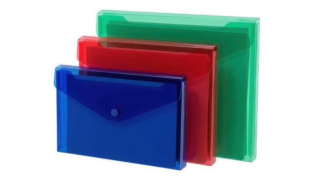 Set of three colorful plastic document folders isolated on transparent background