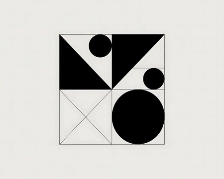 Minimalist abstract geometric composition with black circles and triangles within a square grid white