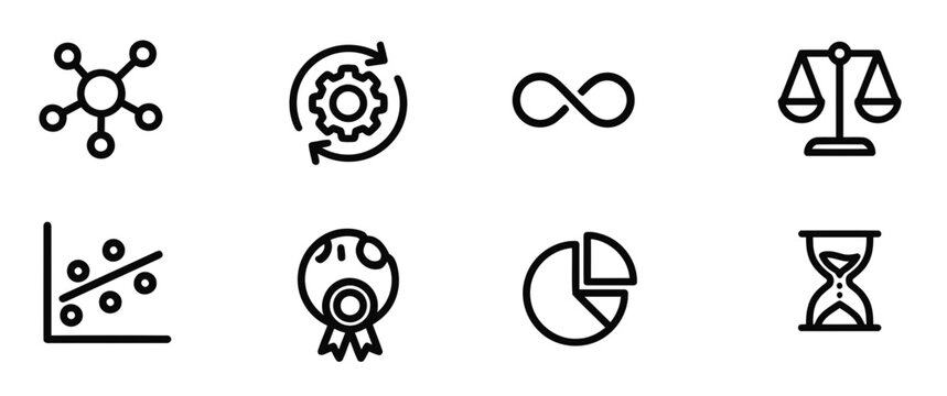A comprehensive vector icon set featuring eight essential business and data analytics symbols designed with clean black lines on white background