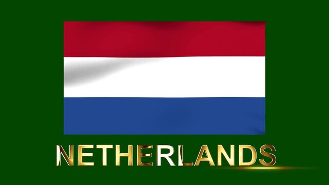 Waving flag of the Netherlands with golden 3d text on a solid dark green background