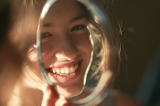 Close-up of a woman smiling through a magnifying glass.