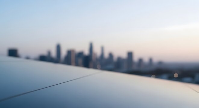 Modern car roof reflects daylight with a blurred urban skyline in the background.