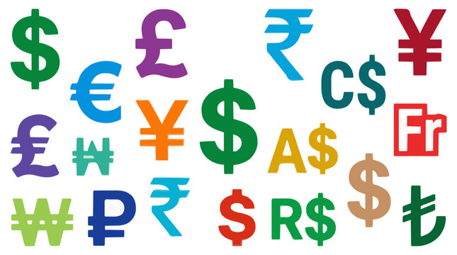 Colorful collection of international currency symbols arranged artistically for financial themes