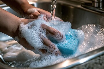 Fototapeta premium Hand Washing Sponge in Soapy Water