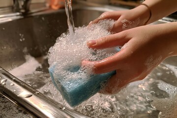 Fototapeta premium Hand Washing Sponge in Soapy Water