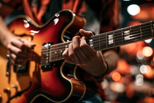 Electric Guitar Close-Up: Fingers on Strings, Blurred Background Lights