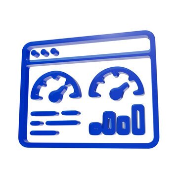 3 d blue browser window featuring speedometer gauges and data charts for project workflow and performance monitoring isolated on a transparent background