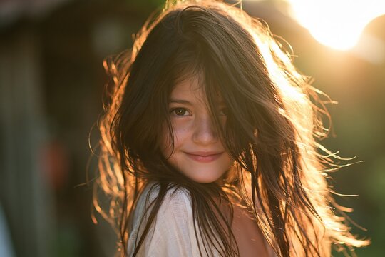 Sunlit Girl with Flowing Hair