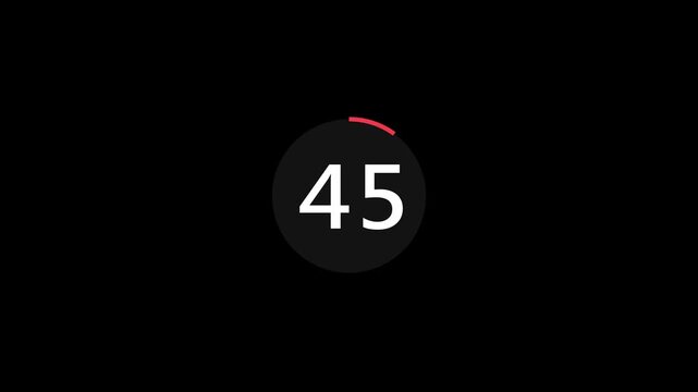 50 to 0 seconds countdown timer animation. 50 seconds circle Countdown timer from 50 to 0 animation on Black background. 50 seconds Digital Countdown Timer Animation. 4k motion video.