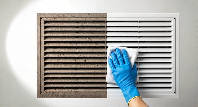 Hand in blue rubber glove wiping dusty ventilation grille with white cloth. Before and after cleaning comparison of HVAC vent. Indoor air quality