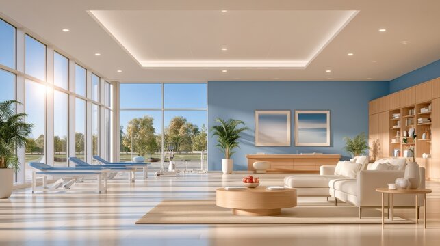 Modern physiotherapy rehab room with clean design and equipment near large windows