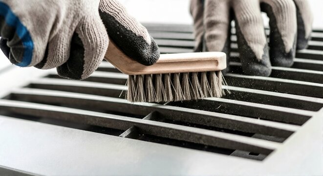 Close up of gloved hands cleaning metal ventilation grille with wooden brush. HVAC maintenance and air duct dust removal