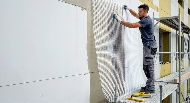 Caucasian male construction worker applying fiberglass mesh to exterior building facade. Builder standing on scaffolding installing thermal insulation and plaster