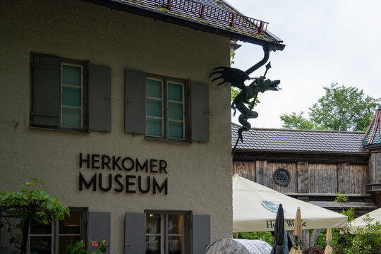 Landsberg, Germany - 25 Jul 26: Herkomer Museum Sign and Dragon Gutter Detail