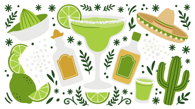 cocktail and Mexican culture vector icons with margarita glass, lime and sombrero for branding design in flat silhouette style
