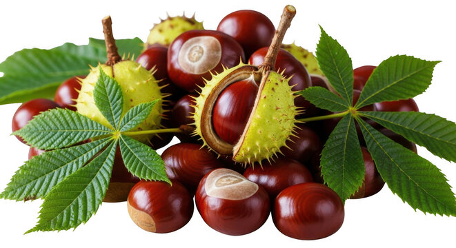 Horse chestnuts with leaves isolated on white background