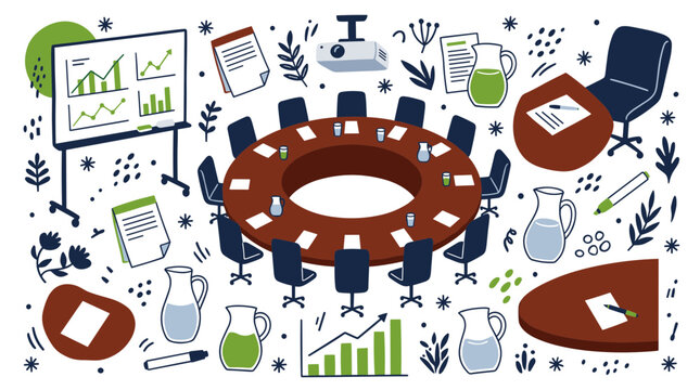 business and meeting vector icons with round table, projector and charts for presentation design in outline style