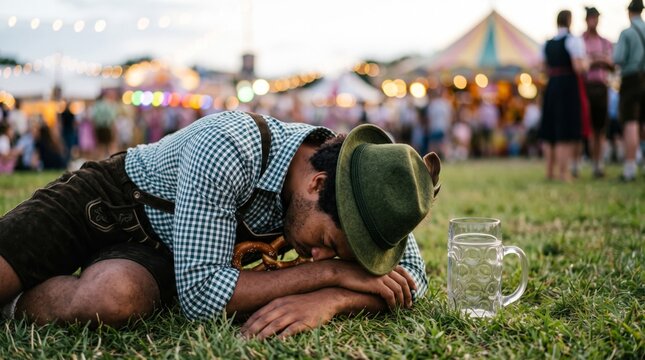 Exhausted man in traditional Bavarian clothing sleeps on the grass beside an empty beer mug at Oktoberfest