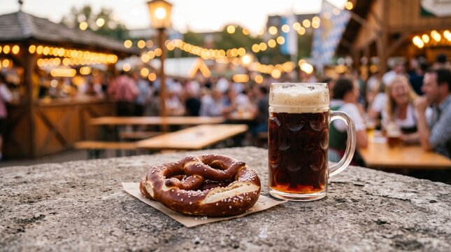 Fresh salted pretzels and a cold mug of dark beer served on a rustic table at a lively Oktoberfest market