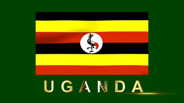 Waving flag of Uganda with national colors and golden text on a dark green background
