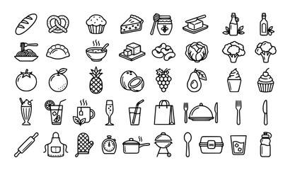 Fototapeta premium Minimal Black and White Food and Beverage Line Art Icon Set for Menu, Restaurant and UI Design