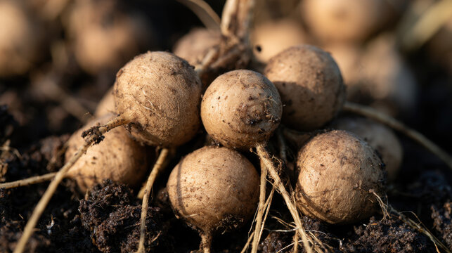 Extreme close-up of freshly dug tiger nuts attached to thin roots and covered with moist dark soil