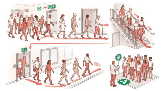 Groups of people follow evacuation routes in a workplace setting, moving toward exits and stairways as part of an emergency response plan.