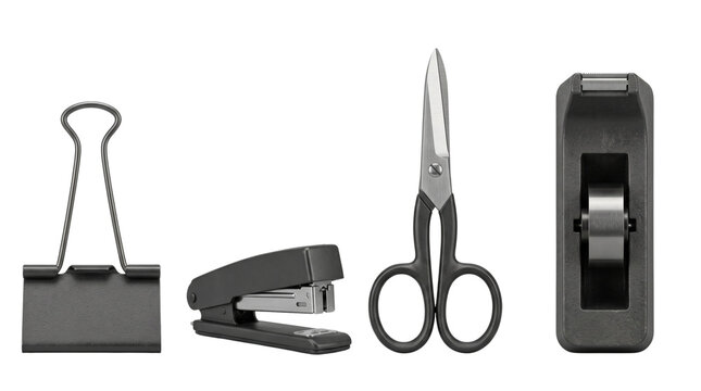 Black office supplies set with stapler and scissors.