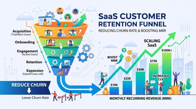 Flat vector illustration of SaaS customer retention funnel reducing churn rate and boosting monthly recurring revenue MRR