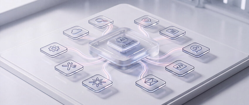 AI agent processor chip connecting digital tools in a clean white isometric 3D render with glowing glass icons for artificial intelligence, automation, and tech workflows