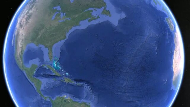 Video of rotating of planet Earth in space. Gulf of mexico, florida coast and Bahamas islands in ocean on 
geographical map of world.