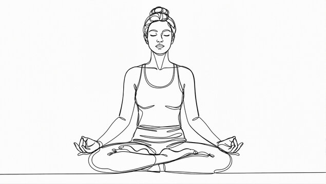 Continuous line drawing of a woman in the lotus position practicing meditation mindfulness and
