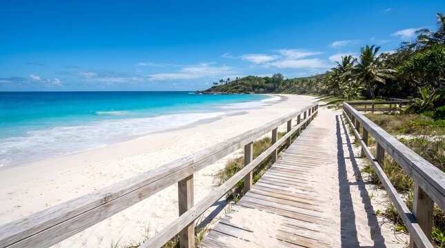 Wooden boardwalk leading to a beautiful tropical sandy beach with turquoise water and clear blue sky