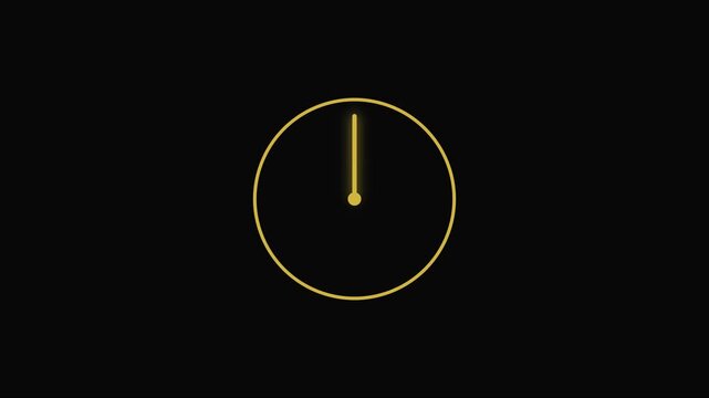 Minimalist golden neon clock animation counting down time on 4k black background, countdown