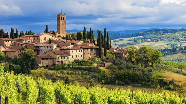 Panoramic view of Badia a Passignano, a historic hilltop village with a stone bell tower, surrounded by vineyards and olive groves in the heart of Chianti, Tuscany, Italy