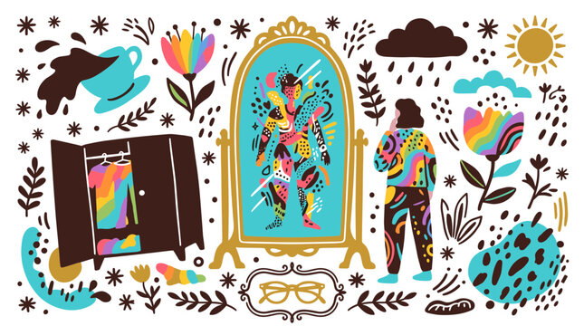 identity and self-expression concept icons with mirror, wardrobe and colorful figure for personal branding design in glyph style