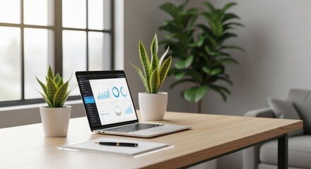 Fototapeta premium Contemporary workspace with natural ambient light featuring a spotless desk active laptop clear writing pad and potted plants for a healthy environment.