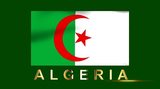 Waving national flag of Algeria with metallic gold letters of the country name on a dark green background