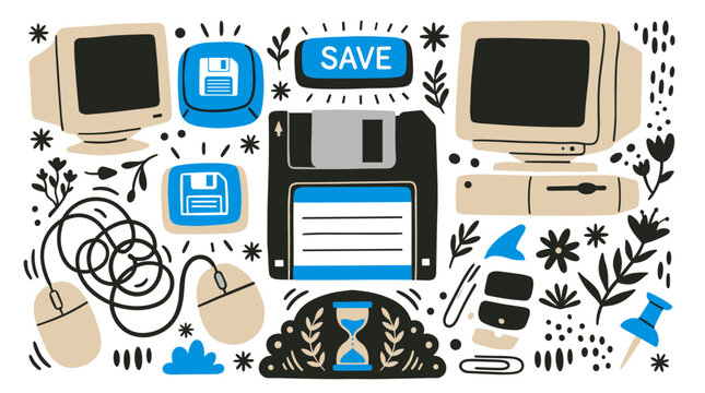 Vintage and computing vector icons with floppy disk, computer monitor and computer mouse for branding design in minimal glyph style