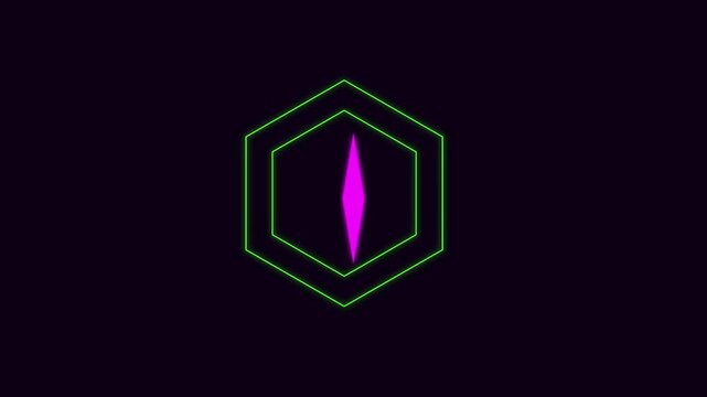 Neon green hexagon frame with pulsing purple diamond center abstract motion animation 4k geometric