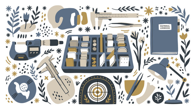 measurement and tools vector icons with caliper, micrometer and material samples for engineering infographic in solid glyph style