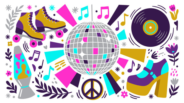 Retro and disco vector icons with roller skates, vinyl record, and lava lamp for entertainment branding design in vibrant vector art style