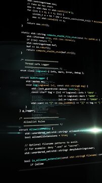 Vertical dark screen showing clean C++ programming code for logging and security rules with cyan lens flare