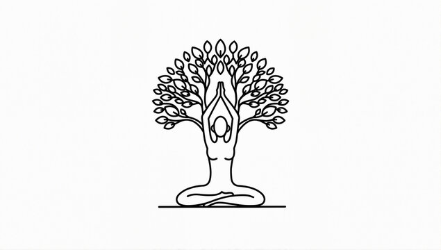 A line art icon logo of a yoga person with a tree
