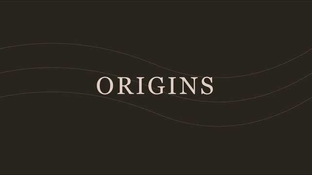 Origins text animation on dark minimalist 4k background, with wavy lines, for branding and, cinematic title sequences